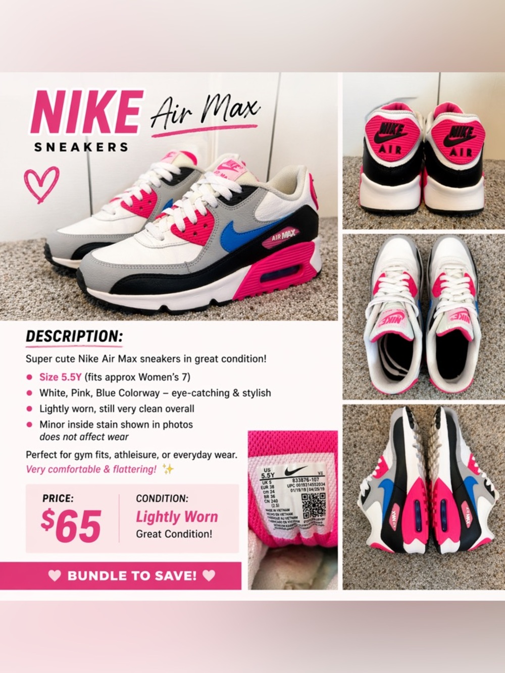 Nike Air Max Sneakers Pink Blue White Women’s Size 7 Trendy Clean